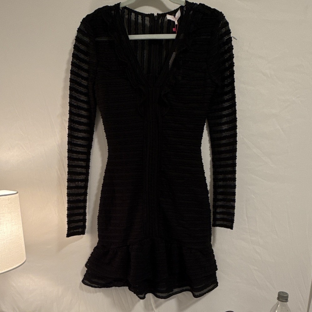 Parker Women's 4 Black Lace Sheer Ruffle V-Neck Long Sleeve Mini Dress